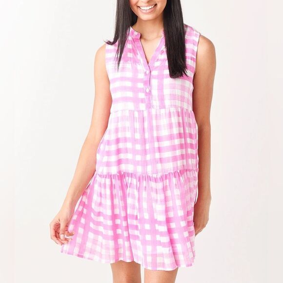 Oliphant Dresses & Skirts - Oliphant Pink and White Gingham Yoke Tiered Button Neck Dress Size Medium